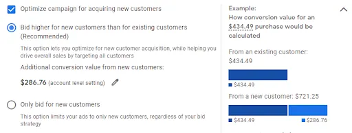 Use Performance Max options to manage your customer acquisition rules.
